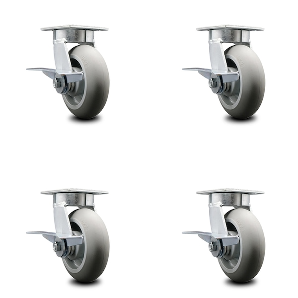 6 Inch Kingpinless Thermoplastic Rubber Wheel Swivel Caster Set with Brakes SCC